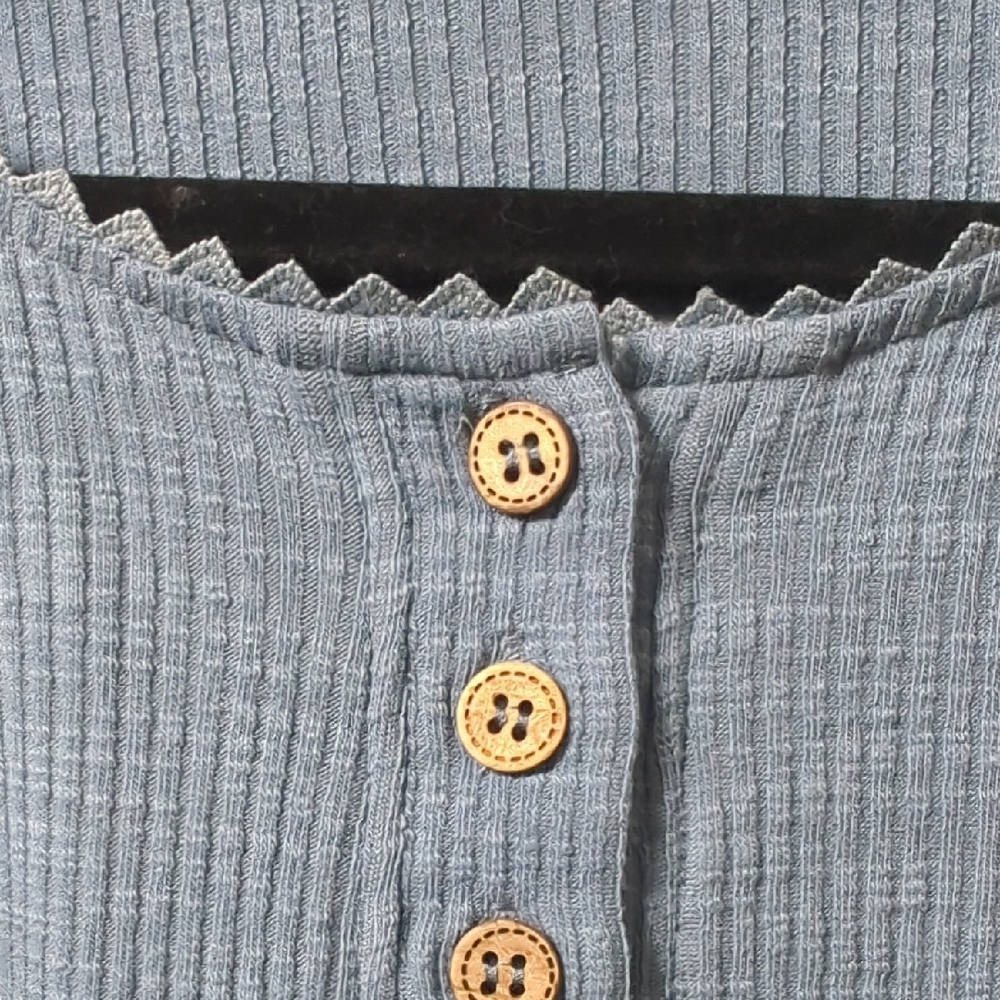 Cottagecore Long Sleeve Blue Henley Top with Lace Detail - Picture 6 of 6